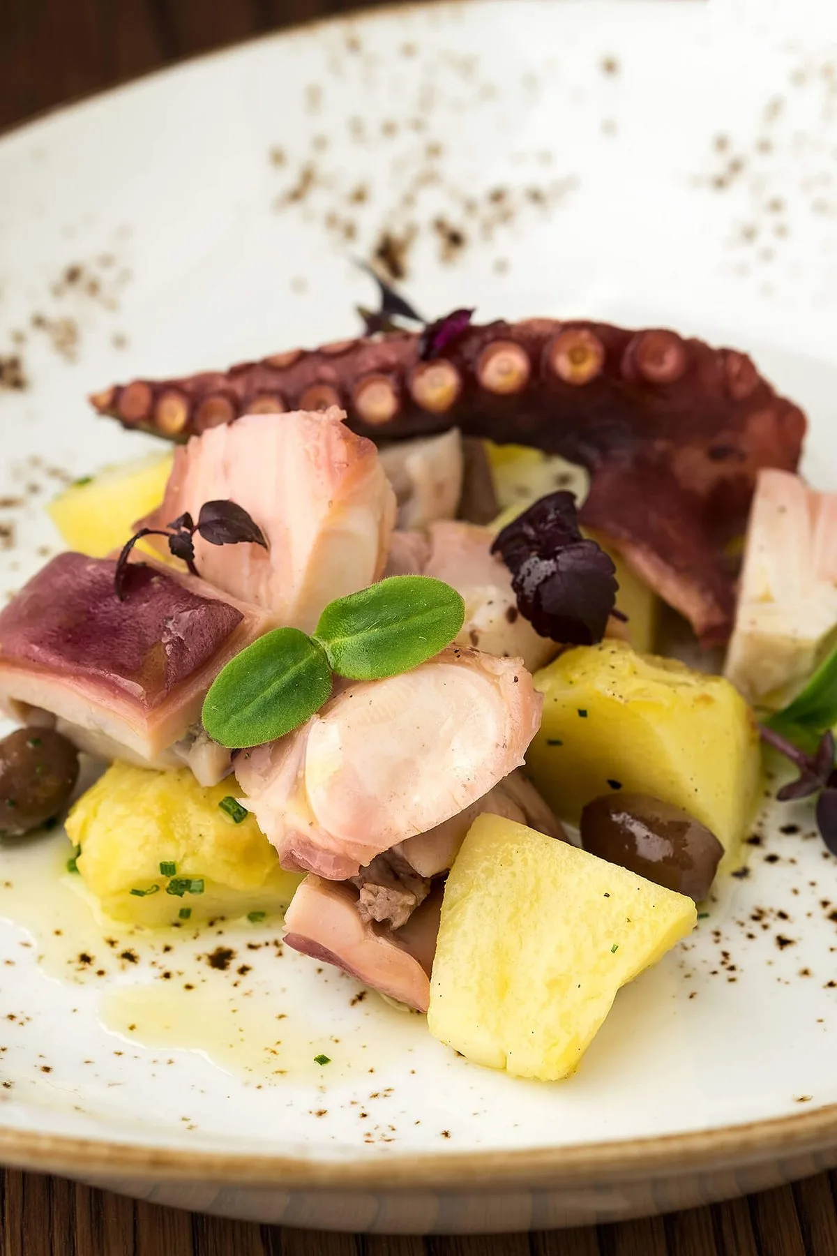 Octopus salad with potatoes on a white plate
